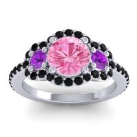 Pink Tourmaline Ring In Palladium With Amethyst And Black Onyx Sodarya Round Three-stone Ring