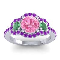 Pink Tourmaline Ring In Palladium With Emerald And Amethyst Sodarya Round Three-stone Ring