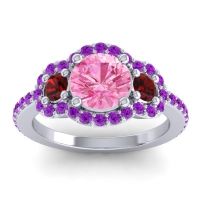 Pink Tourmaline Ring In Palladium With Garnet And Amethyst Sodarya Round Three-stone Ring