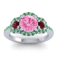 Pink Tourmaline Ring In Palladium With Garnet And Emerald Sodarya Round Three-stone Ring