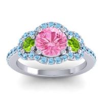 Pink Tourmaline Ring In Palladium With Peridot And Aquamarine Sodarya Round Three-stone Ring