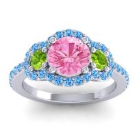 Pink Tourmaline Ring In Palladium With Peridot And Swiss Blue Topaz Sodarya Round Three-stone Ring