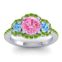 Pink Tourmaline Ring In 14k White Gold With Swiss Blue Topaz And Peridot Sodarya Round Three-stone Ring
