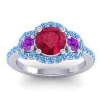 Ruby Ring In 14k White Gold With Amethyst And Swiss Blue Topaz Sodarya Round Three-stone Ring