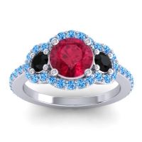 Lab Ruby Ring In Palladium With Black Onyx And Swiss Blue Topaz Sodarya Round Three-stone Ring
