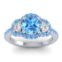 Swiss Blue Topaz Ring In Palladium With Lab Diamond Sodarya Round Three-stone Ring