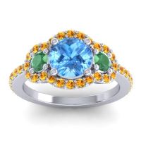 Swiss Blue Topaz Ring In Palladium With Emerald And Citrine Sodarya Round Three-stone Ring