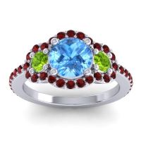 Swiss Blue Topaz Ring In 14k White Gold With Peridot And Garnet Sodarya Round Three-stone Ring