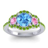 Swiss Blue Topaz Ring In 14k White Gold With Pink Tourmaline And Peridot Sodarya Round Three-stone Ring