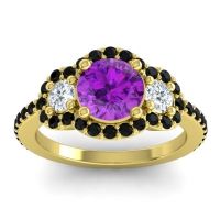 Amethyst Ring In 14k Yellow Gold With Diamond And Black Onyx Sodarya Round Three-stone Ring