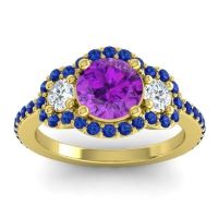 Amethyst Ring In 14k Yellow Gold With Lab Diamond And Blue Sapphire Sodarya Round Three-stone Ring