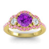 Amethyst Ring In 14k Yellow Gold With Lab Diamond And Pink Tourmaline Sodarya Round Three-stone Ring