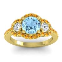 Aquamarine Ring In 18k Yellow Gold With Diamond And Citrine Sodarya Round Three-stone Ring