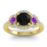 Black Onyx Engagement Ring In 14k Yellow Gold With Amethyst And Diamond - Sodarya Round Three-stone Ring