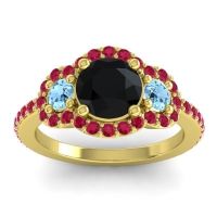 Black Onyx Ring In 14k Yellow Gold With Aquamarine And Ruby Sodarya Round Three-stone Ring