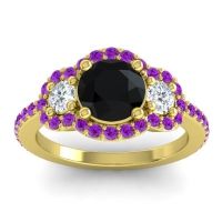 Black Onyx Ring In 14k Yellow Gold With Diamond And Amethyst Sodarya Round Three-stone Ring
