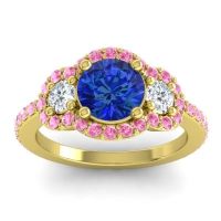 Lab Blue Sapphire Ring In 14k Yellow Gold With Diamond And Pink Tourmaline Sodarya Round Three-stone Ring