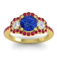 Lab Blue Sapphire Ring In 14k Yellow Gold With Lab Diamond And Ruby Sodarya Round Three-stone Ring