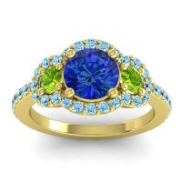Lab Blue Sapphire Ring In 18k Yellow Gold With Peridot And Aquamarine Sodarya Round Three-stone Ring