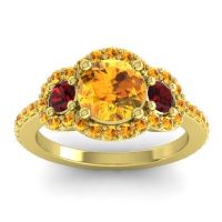 Citrine Ring In 18k Yellow Gold With Garnet Sodarya Round Three-stone Ring