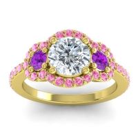 Lab Diamond Ring In 14k Yellow Gold With Amethyst And Pink Tourmaline Sodarya Round Three-stone Ring