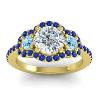 Lab Diamond Ring In 14k Yellow Gold With Aquamarine And Blue Sapphire Sodarya Round Three-stone Ring