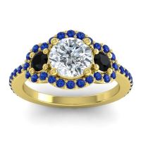Diamond Ring In 14k Yellow Gold With Black Onyx And Blue Sapphire Sodarya Round Three-stone Ring