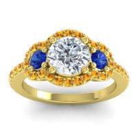 Diamond Ring In 14k Yellow Gold With Blue Sapphire And Citrine Sodarya Round Three-stone Ring