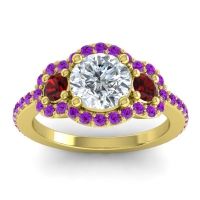 Lab Diamond Ring In 14k Yellow Gold With Garnet And Amethyst Sodarya Round Three-stone Ring