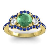 Lab Emerald Ring In 14k Yellow Gold With Lab Diamond And Blue Sapphire Sodarya Round Three-stone Ring