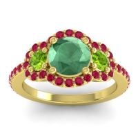 Lab Emerald Ring In 18k Yellow Gold With Peridot And Ruby Sodarya Round Three-stone Ring