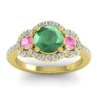 Lab Emerald Ring In 14k Yellow Gold With Pink Tourmaline And Lab Diamond Sodarya Round Three-stone Ring