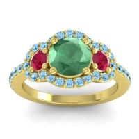Lab Emerald Ring In 14k Yellow Gold With Ruby And Aquamarine Sodarya Round Three-stone Ring