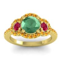 Lab Emerald Ring In 14k Yellow Gold With Ruby And Citrine Sodarya Round Three-stone Ring