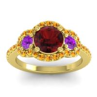 Garnet Ring In 14k Yellow Gold With Amethyst And Citrine Sodarya Round Three-stone Ring