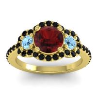 Garnet Ring In 14k Yellow Gold With Aquamarine And Black Onyx Sodarya Round Three-stone Ring