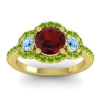 Garnet Ring In 18k Yellow Gold With Aquamarine And Peridot Sodarya Round Three-stone Ring