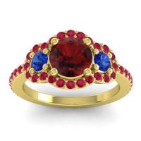Garnet Ring In 14k Yellow Gold With Blue Sapphire And Ruby Sodarya Round Three-stone Ring