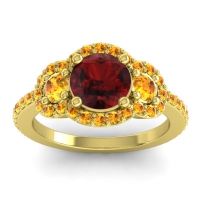 Garnet Ring In 14k Yellow Gold With Citrine Sodarya Round Three-stone Ring