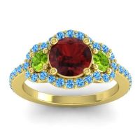 Garnet Ring In 14k Yellow Gold With Peridot And Swiss Blue Topaz Sodarya Round Three-stone Ring