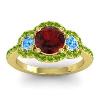 Garnet Ring In 14k Yellow Gold With Swiss Blue Topaz And Peridot Sodarya Round Three-stone Ring