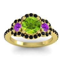 Peridot Ring In 14k Yellow Gold With Amethyst And Black Onyx Sodarya Round Three-stone Ring