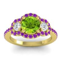 Peridot Ring In 14k Yellow Gold With Lab Diamond And Amethyst Sodarya Round Three-stone Ring