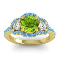 Peridot Ring In 18k Yellow Gold With Diamond And Swiss Blue Topaz Sodarya Round Three-stone Ring
