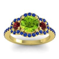 Peridot Ring In 14k Yellow Gold With Garnet And Blue Sapphire Sodarya Round Three-stone Ring
