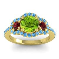 Peridot Ring In 14k Yellow Gold With Garnet And Swiss Blue Topaz Sodarya Round Three-stone Ring
