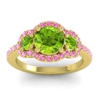 Peridot Ring In 18k Yellow Gold With Pink Tourmaline Sodarya Round Three-stone Ring