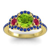 Peridot Ring In 18k Yellow Gold With Ruby And Blue Sapphire Sodarya Round Three-stone Ring