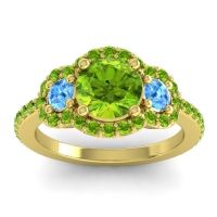 Peridot Ring In 18k Yellow Gold With Swiss Blue Topaz Sodarya Round Three-stone Ring