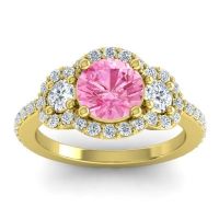 Pink Tourmaline Engagement Ring In 14k Yellow Gold With Lab Diamond And Diamond - Sodarya Round Three-stone Ring